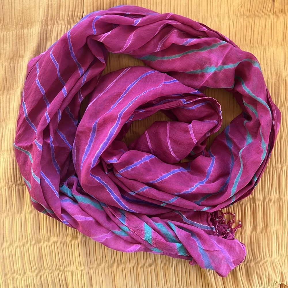 🕶️Fuchsia stripe beaded tie/dye shawl scarf beach sarong HUGE Alexa’s Angels